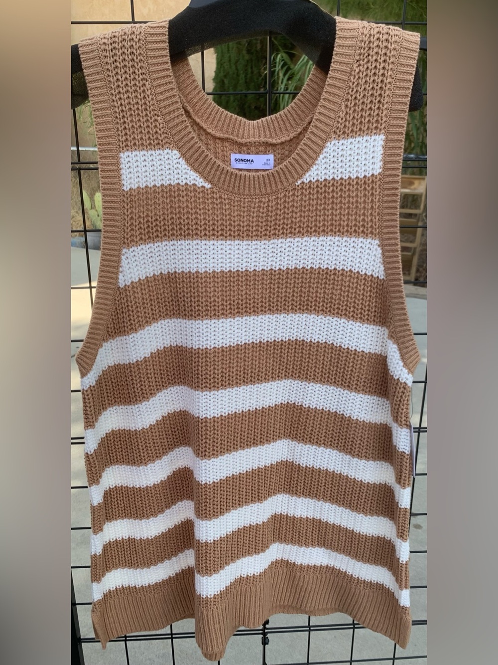 NWT Sonoma Camel and White Striped Knit Sleeveless Sweater Vest